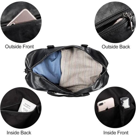 Leather Travel Bag with Shoe Pouch,Weekender Overnight Bag Waterproof PU Leather - Picture 3 of 7